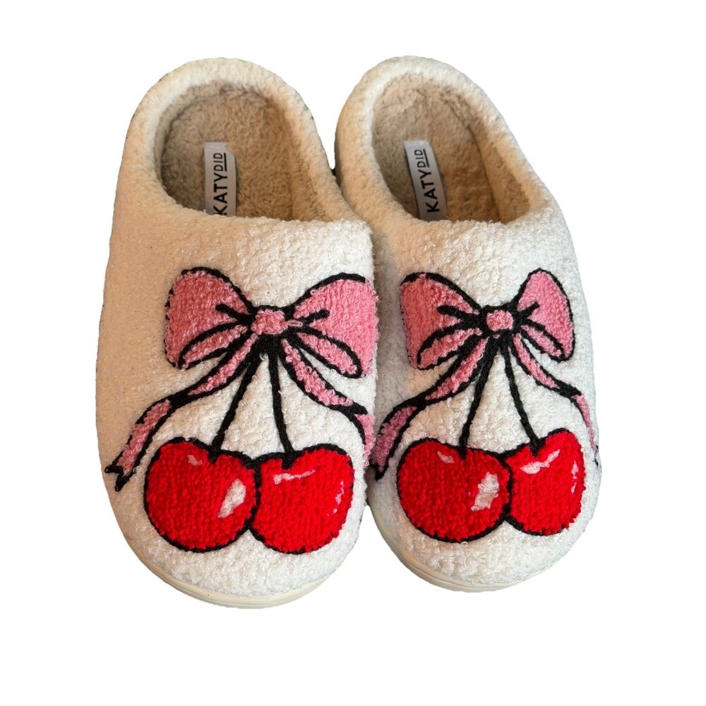 PINK Bow Cherry  CREAM WHITE SLIPPERS SIZE 6/7 Gently Worn